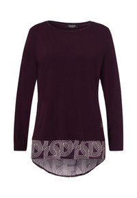 Langsleeve top van donkerpaars katoen, met een gegolfde onderkant met witte geometrische ontwerpen, ronde halslijn en een gebogen achterkant.