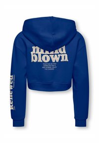 Blå kort hoodie med dragsko i huven. Framsidan har stor vit text "mind blown" och mindre text nedanför. Vänster ärm har "Renewed" tryckt.