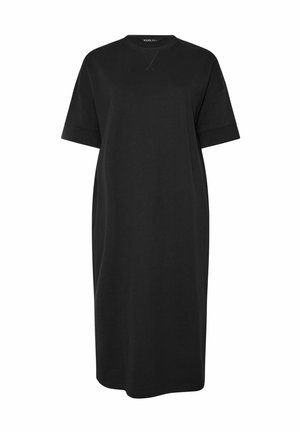 Abito midi nero a maniche corte con scollo rotondo e vestibilità comoda, caratterizzato da un piccolo dettaglio ricamato a "X" sotto il colletto.