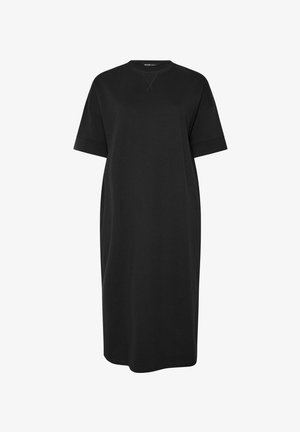 Vestido midi negro de manga corta con cuello redondo y corte relajado, que presenta un pequeño detalle de "X" bordada debajo del escote.