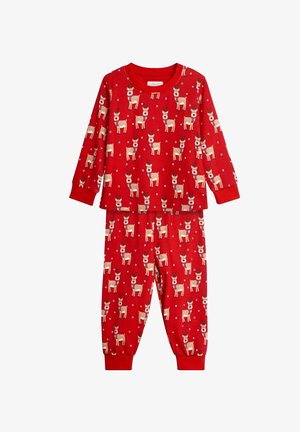 Red pajama set featuring long sleeves and elastic waistband. Patterned with reindeer and snowflakes, made from soft fabric for comfort.
