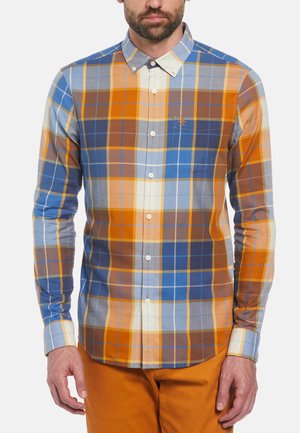 Heren langarm geruit overhemd met oranje, blauwe en gele kleuren, knoopsluiting kraag, borstzak en lichte stof.