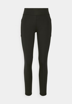 Leggings neri realizzati in tessuto elasticizzato con vita alta, caratterizzati da una texture liscia e senza motivi o accenti visibili.