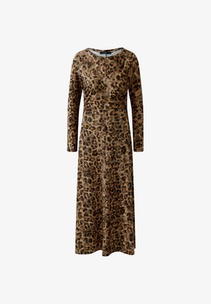 Langärmliges, knöchellanges Kleid mit braunem und schwarzem Leopardenmuster und rundem Ausschnitt.