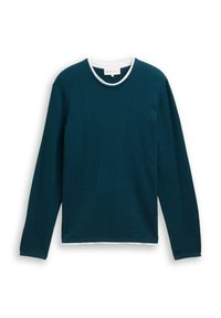 Tee-farbene Langarmbluse aus strukturiertem Stoff mit einem weißen gerippten Rundhalsausschnitt und einem geraden Saum. Einfaches Design ohne Muster.