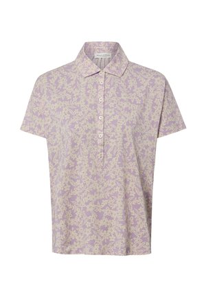 Fliederfarbenes Polo mit kurzen Ärmeln, beigem Blumenmuster und Knopfleiste vorne.