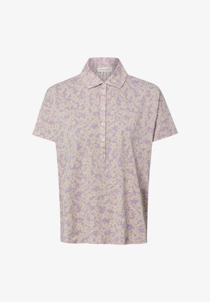 Polo lilas à manches courtes avec motif floral beige et patte de boutonnage avant.