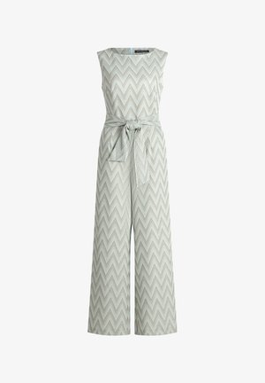 Combinaison sans manches à jambes larges avec motif chevron en gris clair et blanc, dotée d'une ceinture en tissu nouée à la taille et d'un col rond.