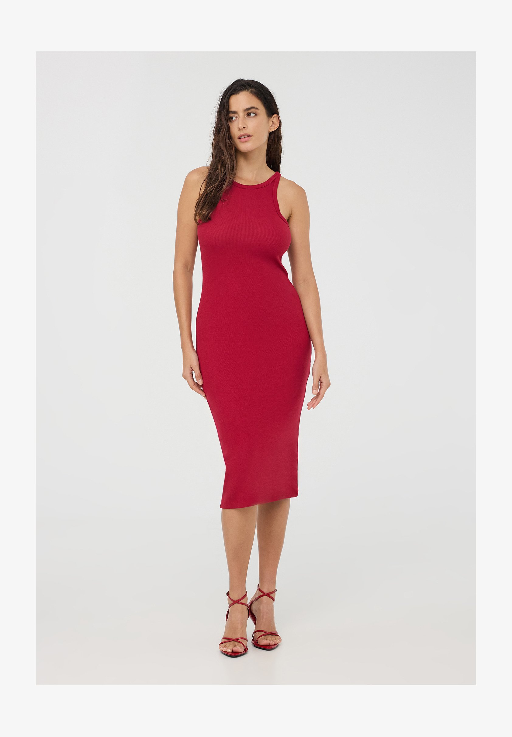 Abito Corto Maniche Corte In Cotone E Spandex – Vestito Basic Donna – Rosso (Taglia L)
