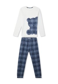 Długi rękaw biały dodatek do piżamy z niebieskim nadrukiem misia w kratkę; niebieskie spodnie od piżamy w kratkę z elastycznym paskiem w talii. Miękka tekstura materiału.