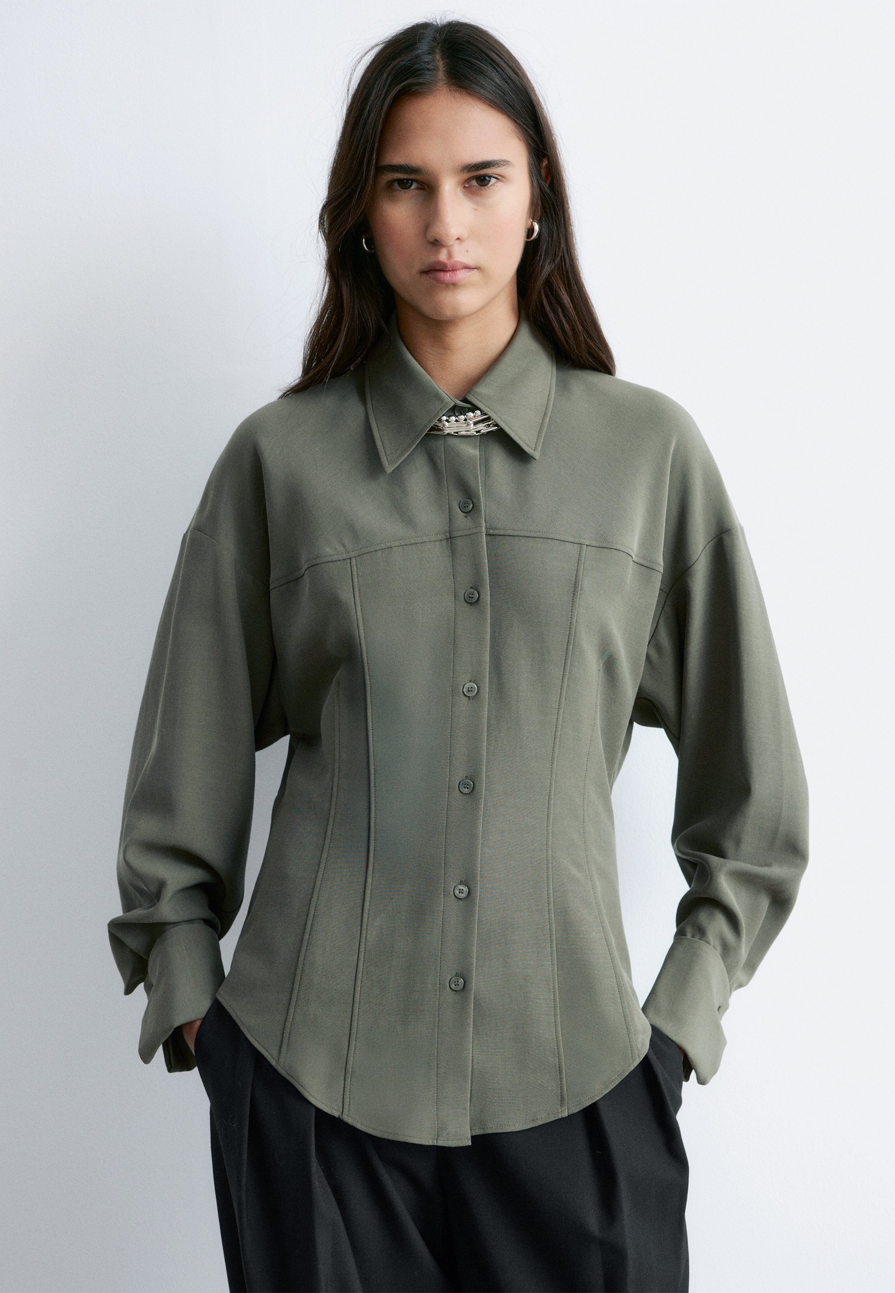 & OTHER STORIES BALLOON-SLEEVED - Button-down blouse - dark khaki