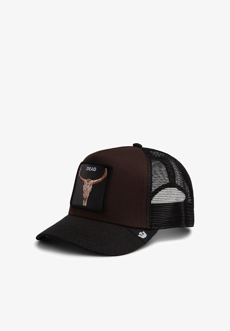Casquette trucker en mesh marron et noir avec un patch avant montrant un crâne de taureau et le mot "DEAD" au-dessus.