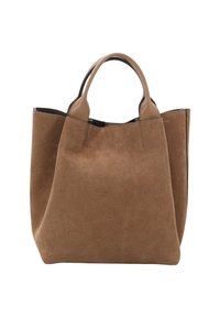 Borsa a tote in suede marrone con manici in pelle liscia e un design morbido e non strutturato su uno sfondo bianco.