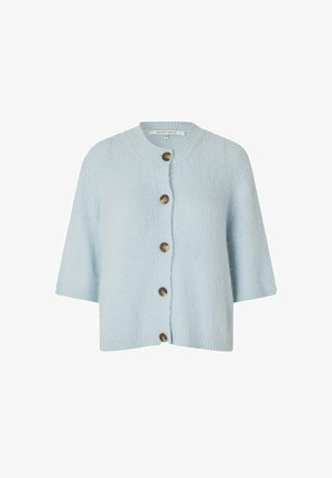 Jasnoniebieski sweter dziergany z okrągłym dekoltem, krótkimi rękawami i sześcioma brązowymi guzikami z przodu. Miękka tekstura i casualowy design.