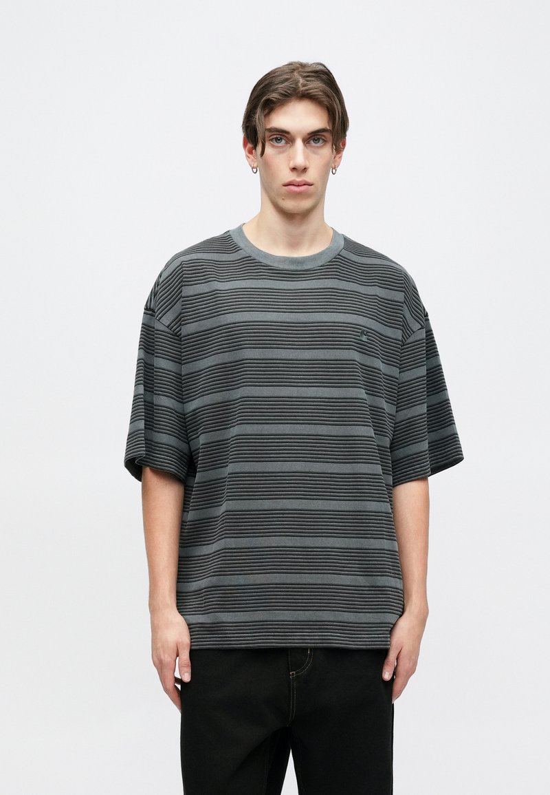 Short-sleeve, dark gray t-shirt with horizontal stripes in varying shades. Features a round neckline and relaxed fit.