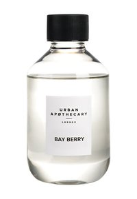 Transparent glass bottle with a black screw cap, featuring a white label that reads "URBAN APOTHECARY LONDON BAY BERRY."