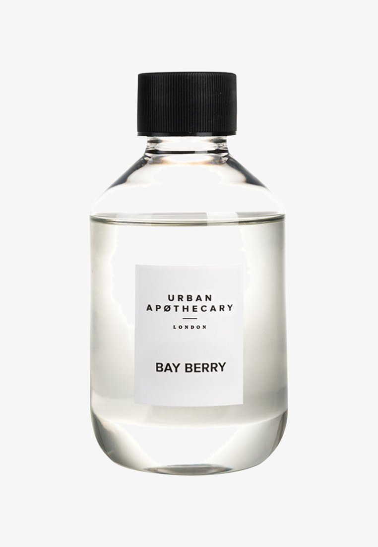 Transparent glass bottle with a black screw cap, featuring a white label that reads "URBAN APOTHECARY LONDON BAY BERRY."