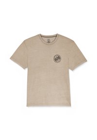 Beige puuvillane T-särk klassikalise ümmarguse kaeluse, lühikeste varrukatega ja tumepruunist ringikujulisest graafilisest mustrist, mis on prinditud rinnal.