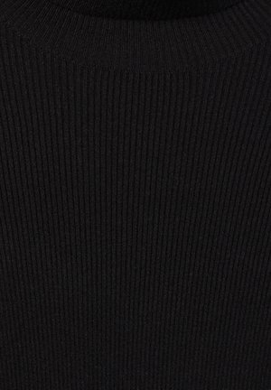 Czarna dzianina prążkowana o dopasowanym kroju, z wysokim dekoltem i pionowym teksturem na całej powierzchni.