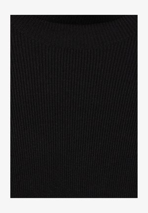 Czarna dzianina prążkowana o dopasowanym kroju, z wysokim dekoltem i pionowym teksturem na całej powierzchni.