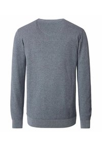 Maglione grigio a maniche lunghe da uomo in maglia con un motivo testurizzato, polsini e orlo a coste, mostrato da dietro su uno sfondo bianco.
