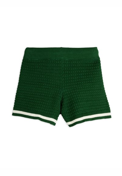 Green textured shorts with a ribbed elastic waistband, featuring white striped accents at the hem. Knit material with a woven pattern.