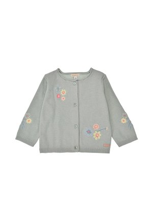 Light gray baby cardigan with front buttons and embroidered pastel flowers on chest, sleeves, and lower front sides.