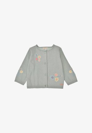 Hellgraue Baby-Strickjacke mit Knöpfen vorne und bestickten pastellfarbenen Blumen auf der Brust, den Ärmeln und den unteren Vorderseiten.