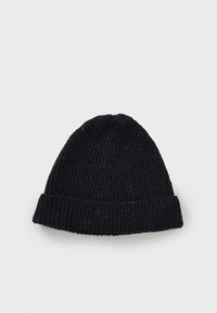 Black ribbed knit beanie with a folded cuff. Features specks of color throughout the fabric, presenting a textured appearance.