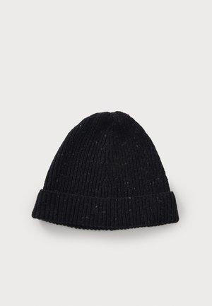 Black ribbed knit beanie with a folded cuff. Features specks of color throughout the fabric, presenting a textured appearance.