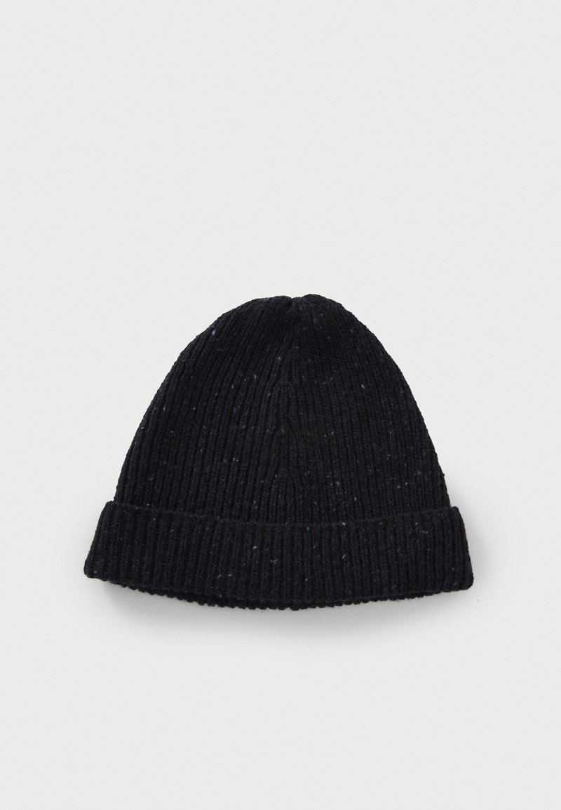 Black ribbed knit beanie with a folded cuff. Features specks of color throughout the fabric, presenting a textured appearance.