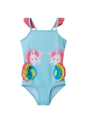 Lyseblå børnebadeheldragt med lyserøde flæsebesatte stropper, to enhjørningeansigter på fronten og flerfarvede flæsebesatte lommer ved hofterne.