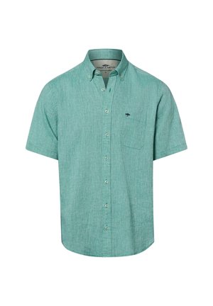 Short-sleeve button-up shirt in light green linen with a front chest pocket and small embroidered logo on pocket.