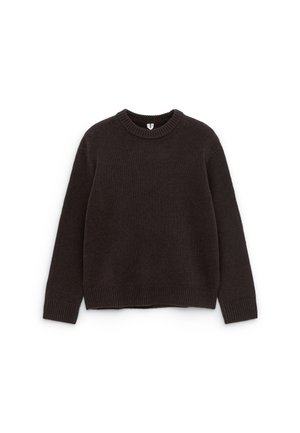 Dark brown knitted sweater with a round neckline, ribbed cuffs, and hem. Features a textured pattern and relaxed fit design.