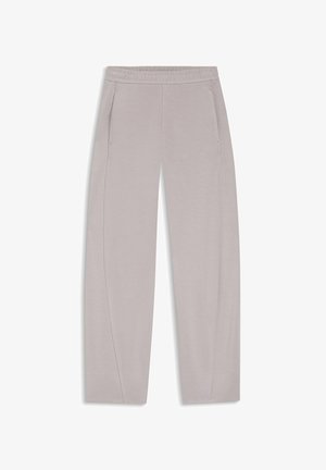 Light gray jogger pants made of soft fabric, featuring an elastic waistband, side pockets, and a relaxed fit with tapered legs.