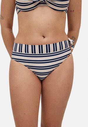 Parte de abajo de bikini en rayas navy y beige, con una cinturilla alta y detalle de lazo en los laterales. Confeccionada en una tela suave y elástica.