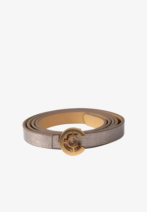 Brown metallic leather belt featuring a circular gold-tone buckle with a logo. The belt is smooth with subtle texturing throughout.