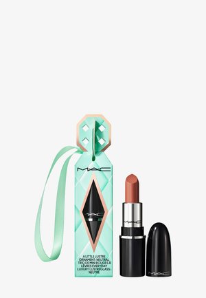 MAC lipstick in a black tube, featuring a muted nude color. Packaged in a mint green box with an elegant design and a ribbon.