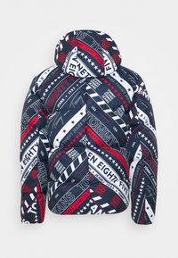 Padded jacket z kapturem w granatowym kolorze z geometrycznymi wzorami w czerwonym i białym, wykonany z błyszczącego materiału z logo i gwiazdami w całej powierzchni.