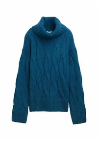 Pull en tricot teal avec un col haut à côtes. Présente un motif en torsades et des poignets et un ourlet côtelés. Tissu doux et texturé.