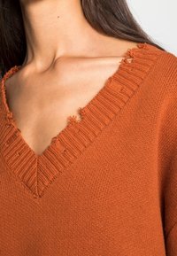Rostfärgad stickad tröja med djup V-ringning, med en strukturerad ribbad krage och fransiga kanter runt halslinningen.
