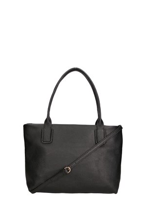 Sac fourre-tout en cuir noir avec surface texturée, poignées doubles et bandoulière ajustable et amovible. Présente un design minimaliste.
