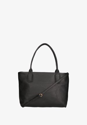 Sac fourre-tout en cuir noir avec surface texturée, poignées doubles et bandoulière ajustable et amovible. Présente un design minimaliste.