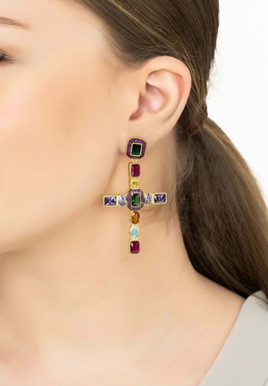 Gold-tone cross earrings featuring an arrangement of rectangular and oval gemstones in green, purple, red, blue, and amber.