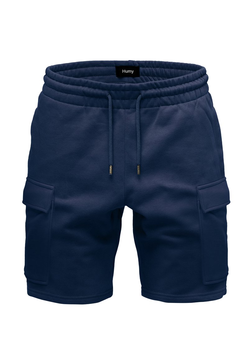 Navy blue shorts made of cotton blend, featuring an elastic waistband, drawstring, and side cargo pockets for added functionality.