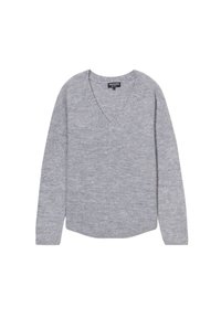 Grauer V-Ausschnitt-Pullover, gestrickte Textur, lange Ärmel und ein leicht abgerundeter Saum. Leichtes Material mit glatter Optik und minimaler Detailierung.