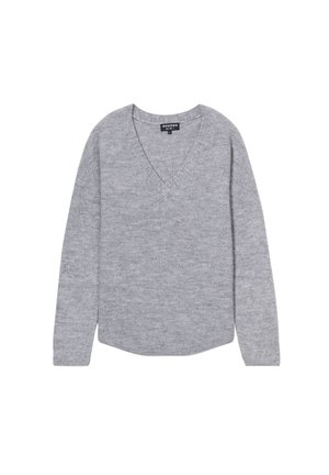 Grijze v-hals trui, gebreide structuur, lange mouwen en een licht gebogen zoom. Lichtgewicht stof met een soepele uitstraling en minimale details.
