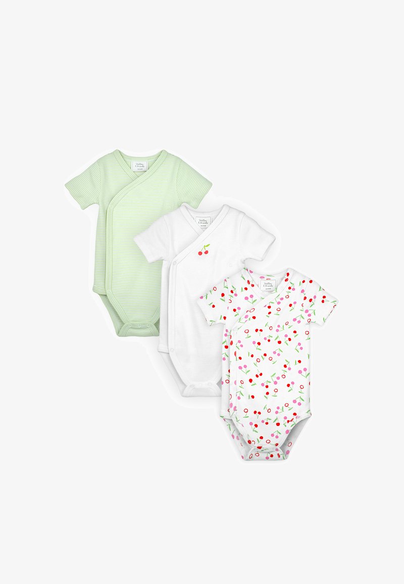 Tre body per neonati a maniche corte: uno a righe verdi, uno bianco con ricamo di ciliegie, uno bianco con motivo di ciliegie rosse e rosa.