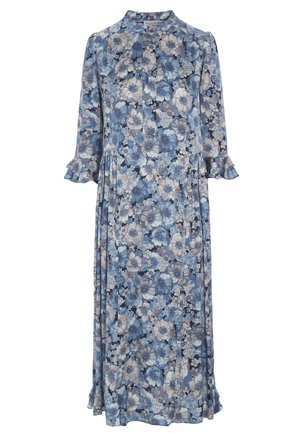 Maxikjole med blå og beige blomsterprint, høj krave, lange ærmer med flæsekant og front med plisseret detalje.