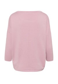 Helles Pink, langärmliges Strickoberteil mit lockerer Passform, weitem Rundhalsausschnitt, gerippten Details an den Ärmeln und geradem Saum. Keine sichtbaren Verschlüsse.